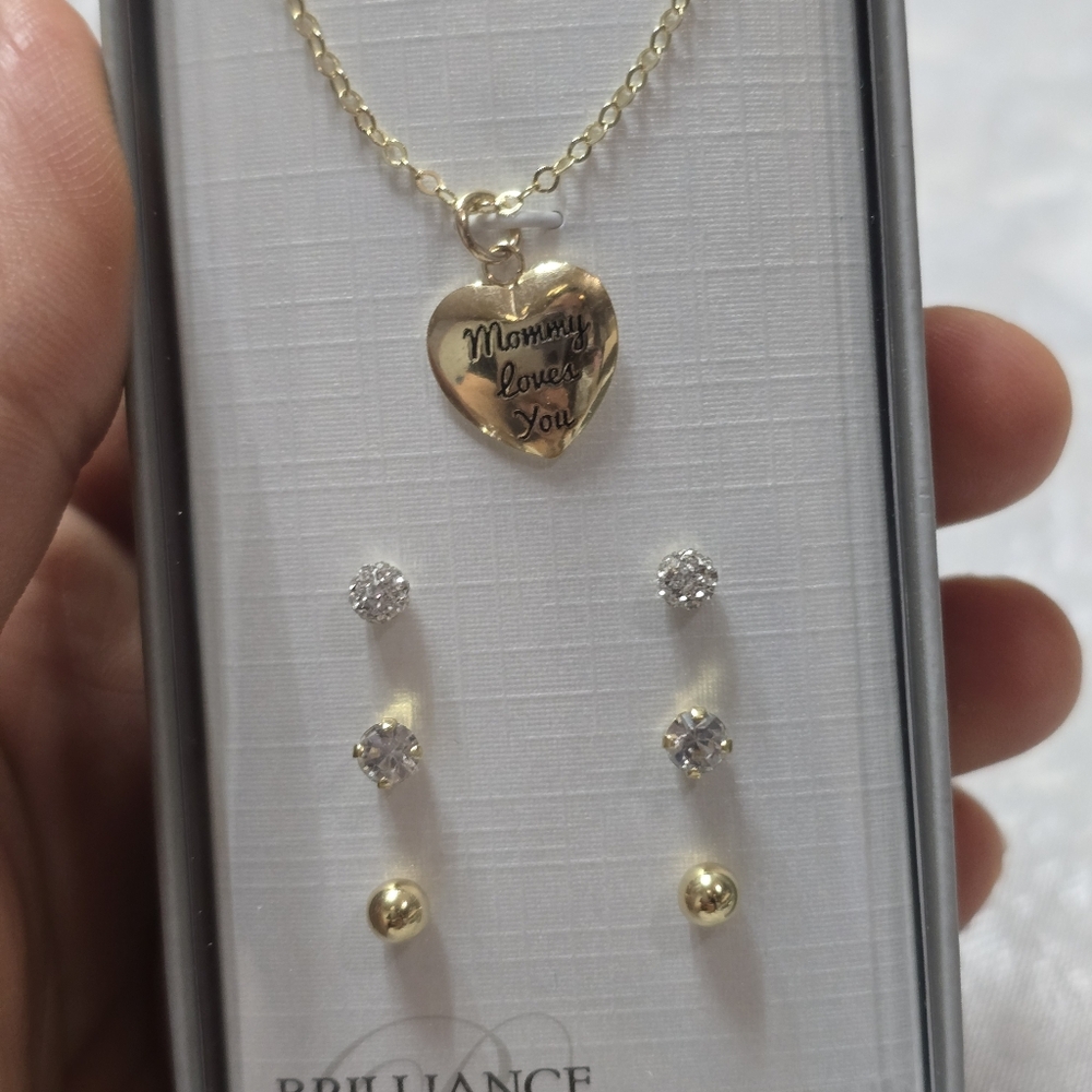 Sterling Silver 14K Gold Plated Girls Mommy Necklace Earrings Valentines Love - Picture 3 of 6